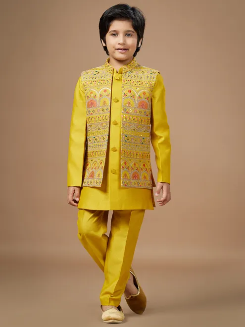 Elegant yellow silk embroidery waistcoat set