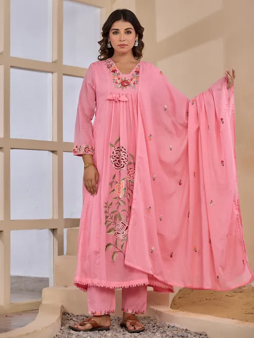 Embroidered elegance pink cotton silk kurti set