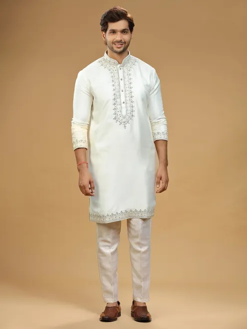Embroidery off white silk  Men Kurta pajama