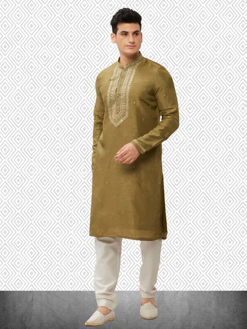 Evergreen olive cotton silk kurta set for men