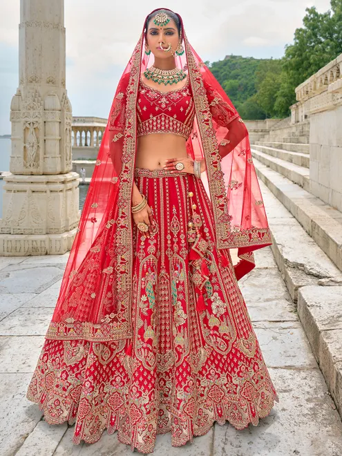 Exclusive red silk unstitched lehenga choli for wedding