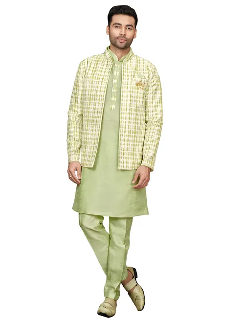 Fabulous pista green printed silk indowestern