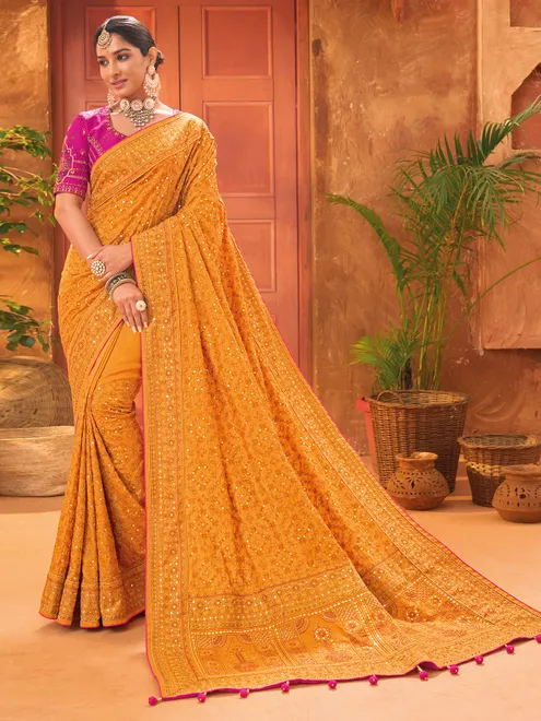 Fashionable mustard yellow banarasi silk saree
