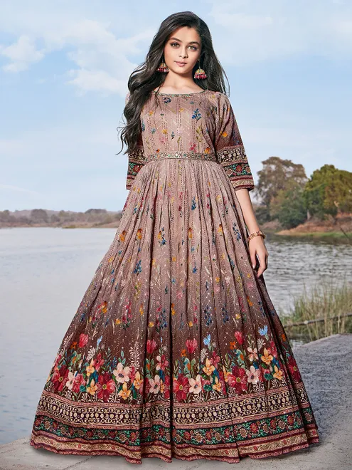 Fawn beige printed georgette gown