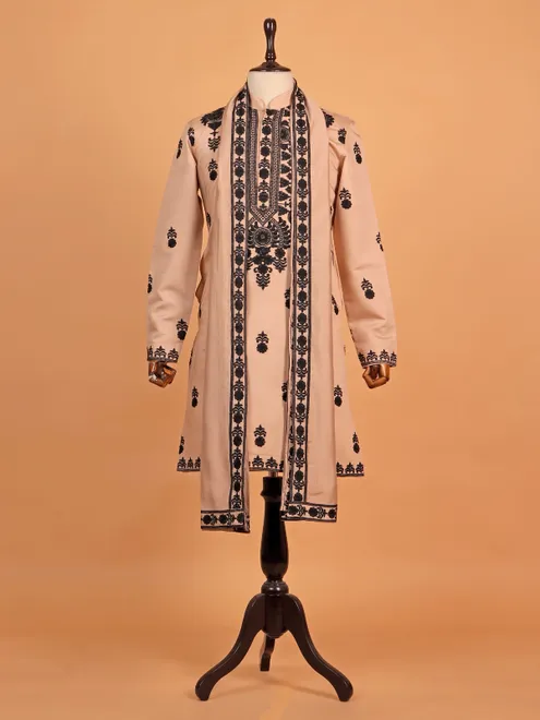 Fawn embroideried cotton silk pathani suit