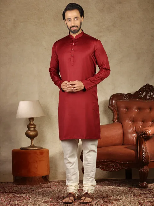 Festive function solid maroon cotton  Men Kurta pajama