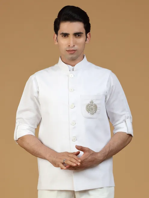 Festive look white linen Nehru Jacket for Men