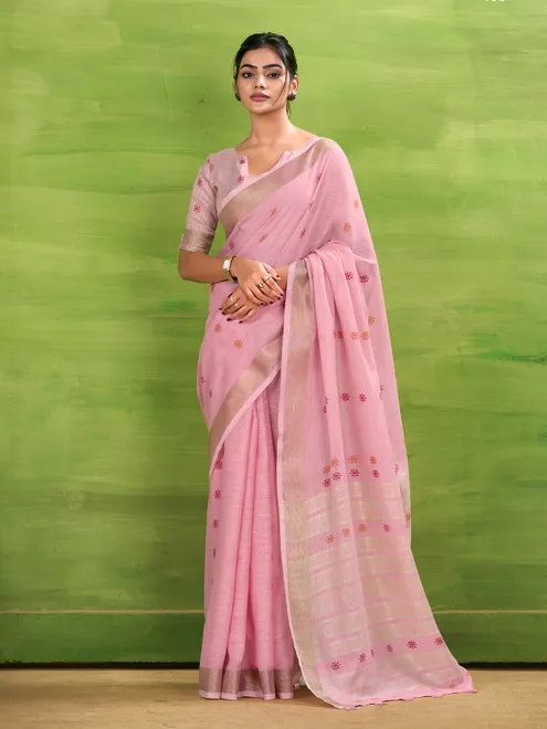 Festive pink linen silk zari saree