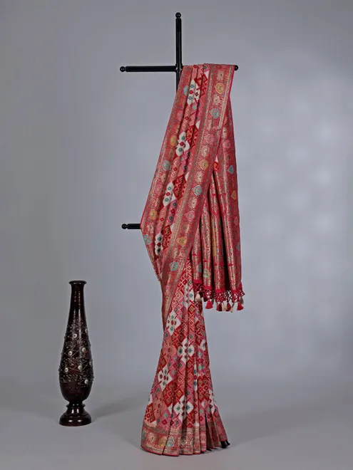 Festive red mashru silk saree with all over zari print