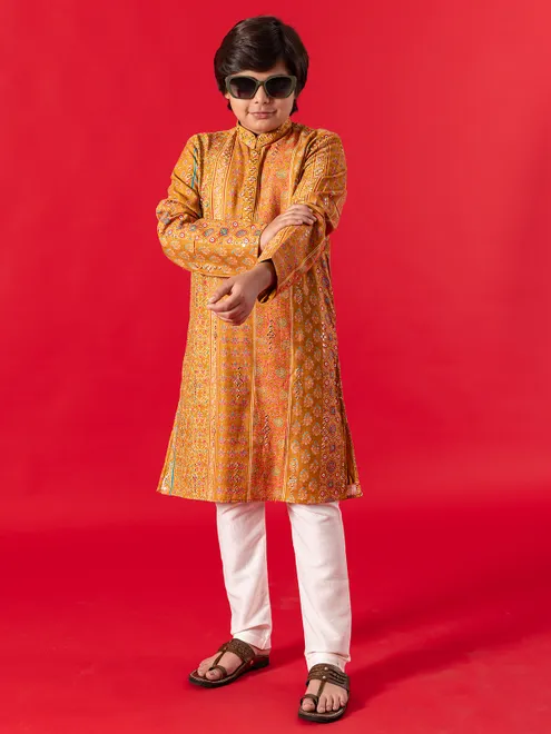 Festive style mustard kurta suit for boys