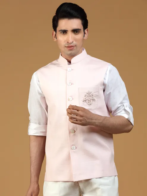 Light pink Festive wear linen Nehru Jacket