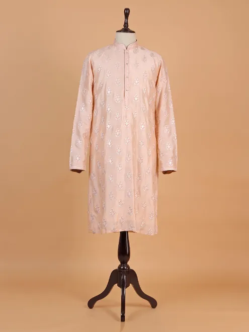 Festive wear peach cotton silk kurta suit