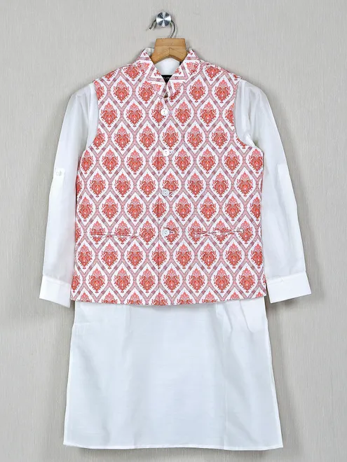 Festive wear white and orange printed boys waistcoat set