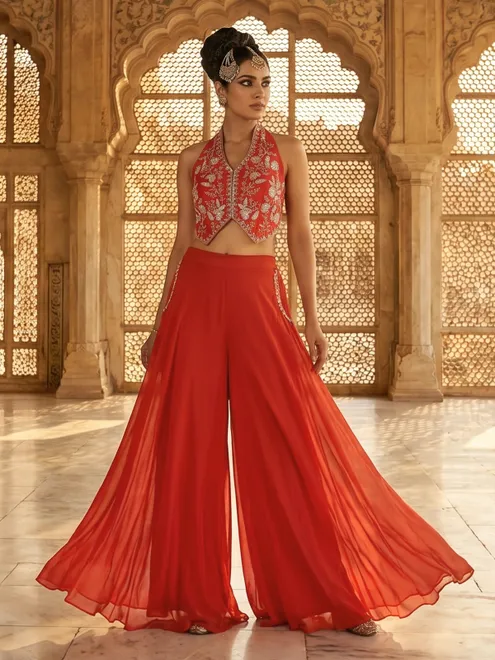 Fiery orange halter neck festive palazzo suit
