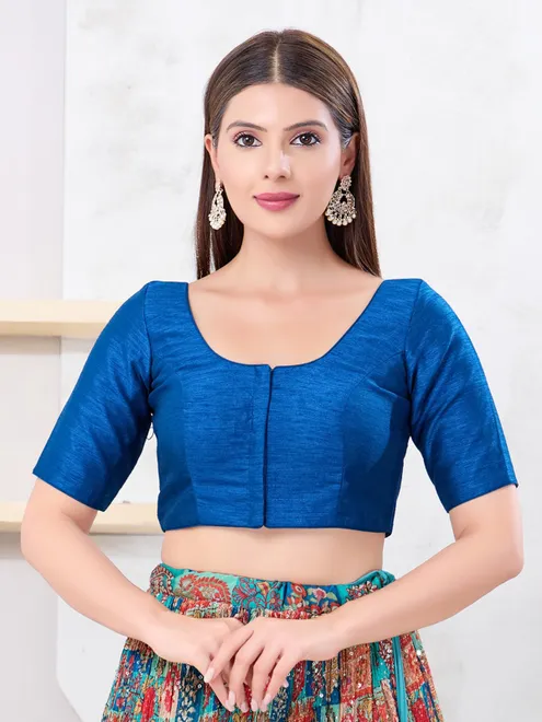 Fire blue dupion silk front open saree blouse