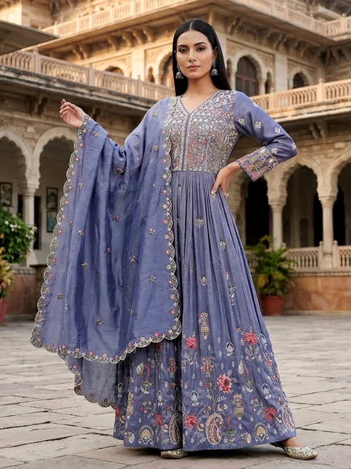 Floor length silk blue anarkali suit