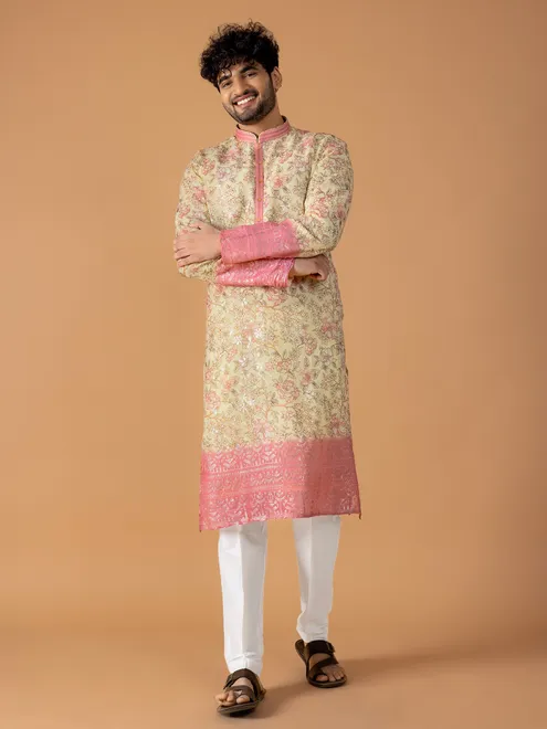 Floral printed light yellow  Men Kurta pajama