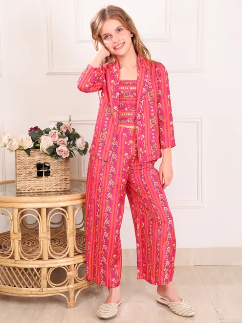 Floral printed pink silk co-ord set with jackets