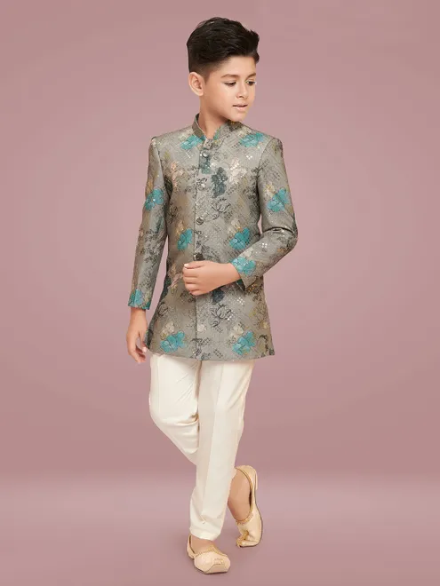 Floral printed silk grey indowestern