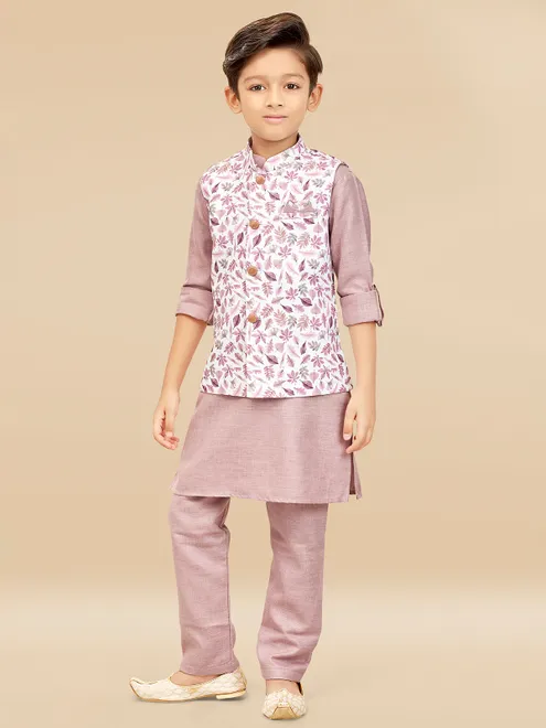 Floral printed silk light wine waistcoat set for boys