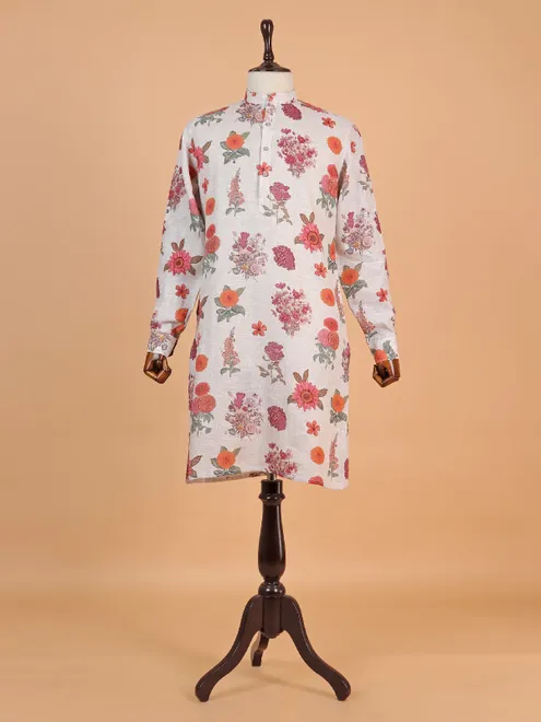 Floral printed white kurta tailored in cotton