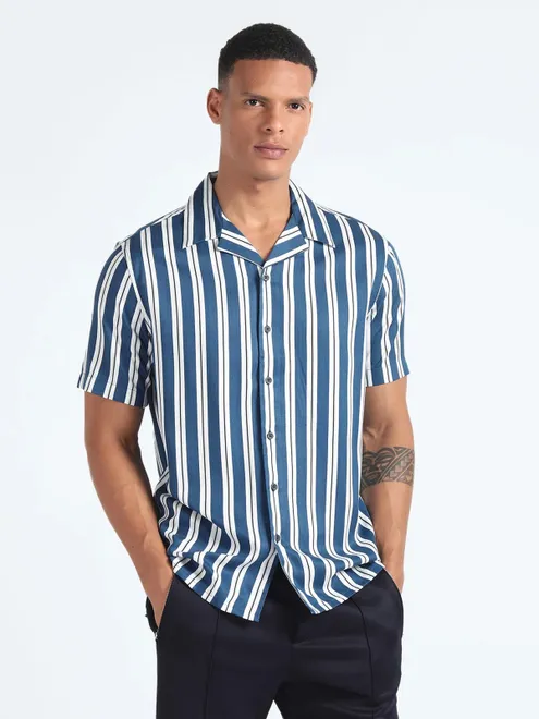 FLYING MACHINE blue stripe half sleeve shirt