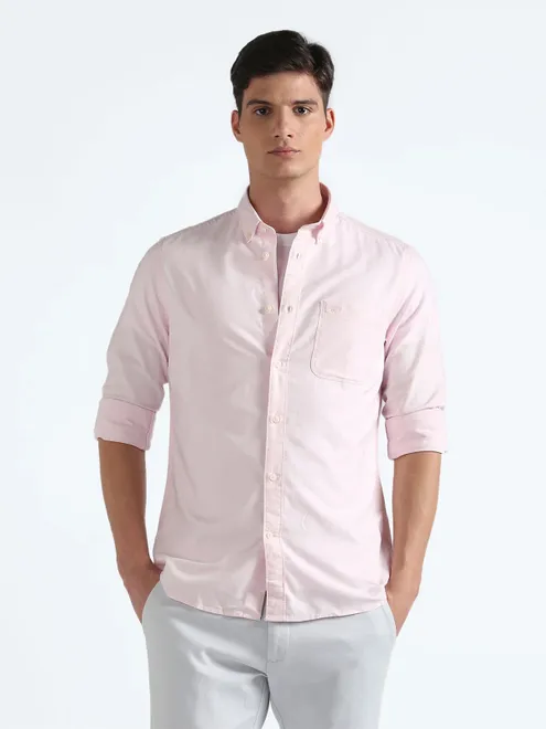 Flying Machine light pink cotton plain shirt