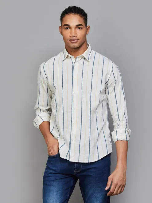 FLYING MACHINE off-white stripe cotton shirt