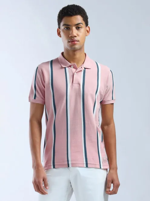 FLYING MACHINE pastel pink stripe half sleeve polo t-shirt