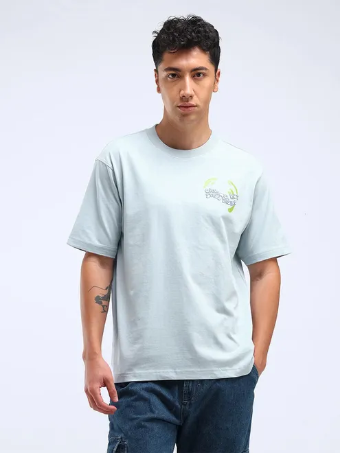 FLYING MACHINE sky blue printed cotton t-shirt
