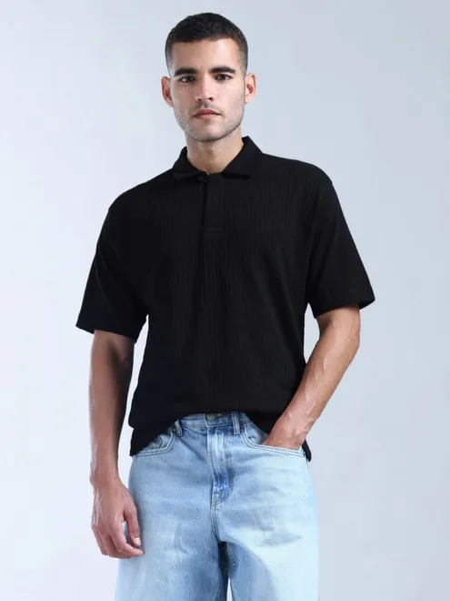 FLYING MACHINE textured black slim fit polo t-shirt