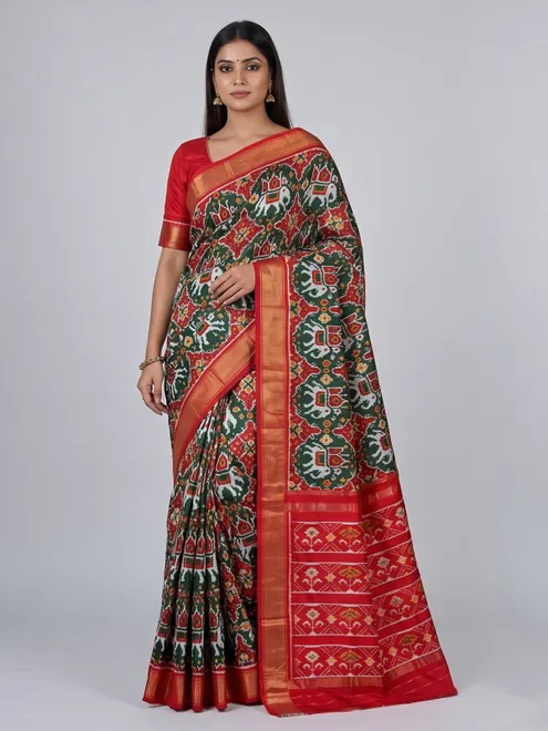 Forest green hyderabadi patola silk saree with ikat artistry