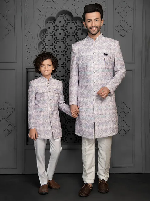 Lilac purple silk indo western for father and son