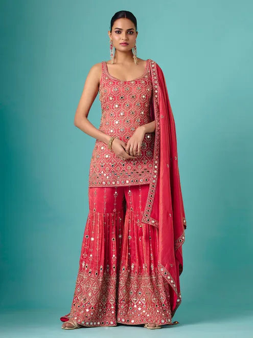 Gajari red chiffon silk sleeveless flowy sharara suit for women