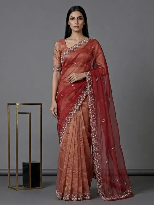 Gajari red tissue silk zardosi embellished festive saree
