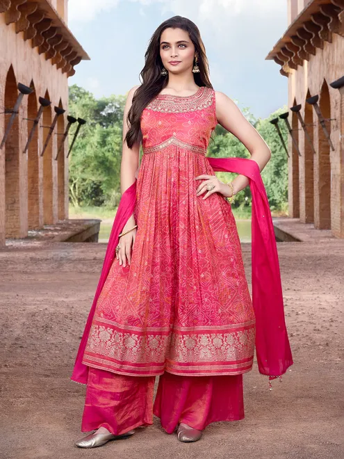 Gajjari red bandhej print silk palazzo suit with dupatta