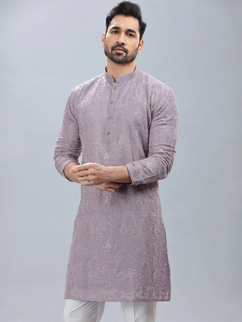 Georgette based lilac fetive wear kurta set for men