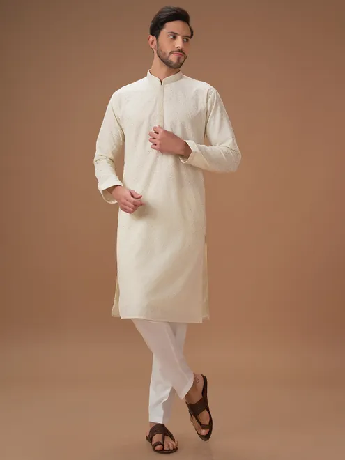 Georgette cream embroidery  Men Kurta pajama