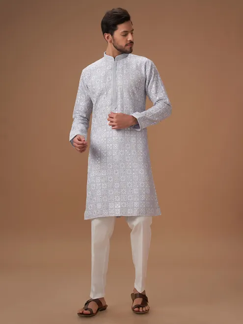 Georgette light blue embroidery  Men Kurta pajama