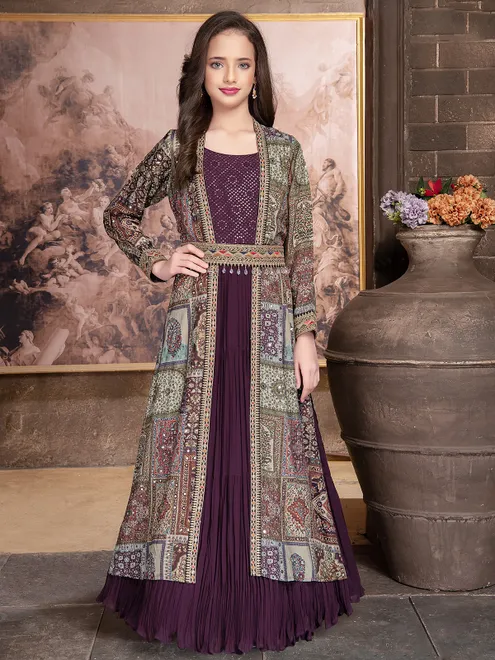 Georgette purple gown with printed shrug