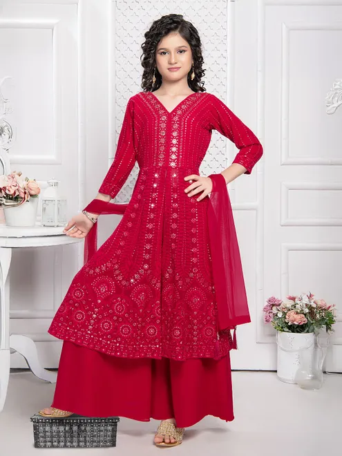 Georgette red palazzo sawar suit