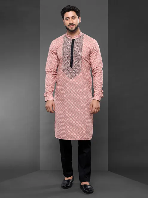 Glamorous Light peach cotton kurta suit for men