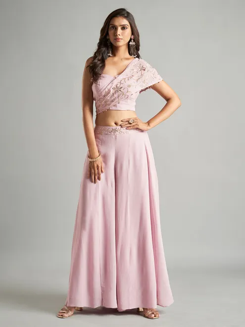 Glamorous light pink georgette palazzo set