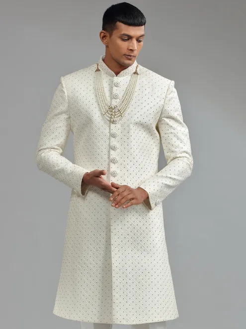Glamorous silk white groom sherwani