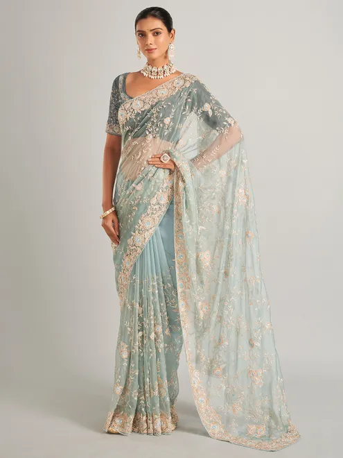 Sky blue saree in organzza silk