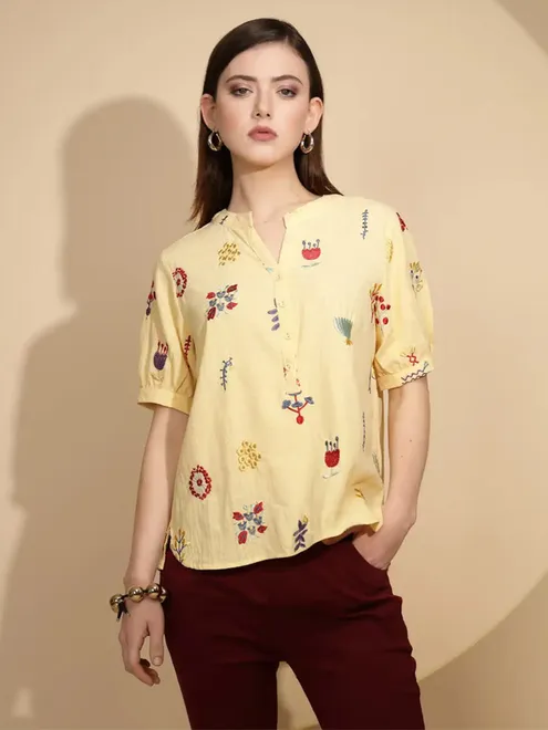 GLOBAL REPUBLIC light yellow printed top