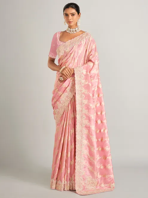 Glowing light pink zari worked saree in silk