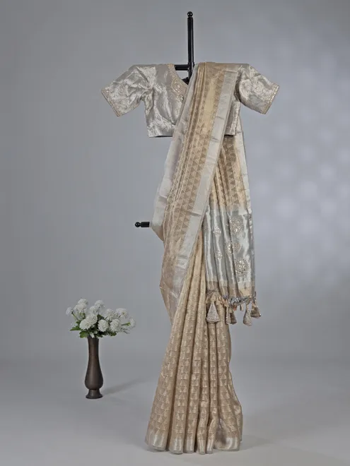 Gold and grey organza saree with ready made blouse