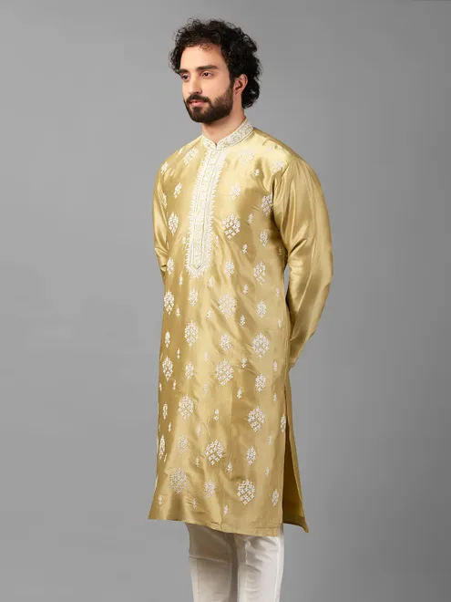 Gold color silk  Men Kurta pajama