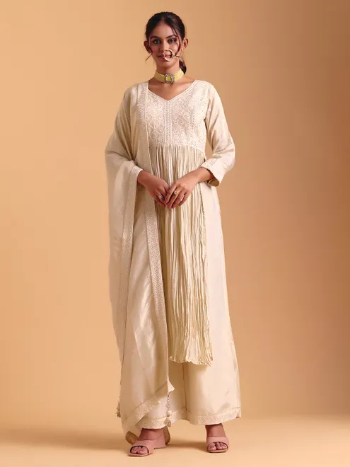 Cream cotton silk bodic style palazzo suit with dupatta